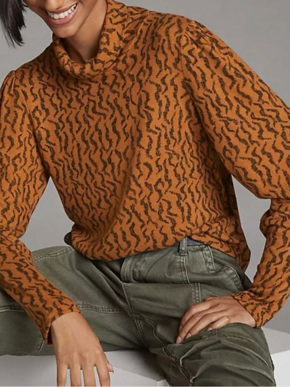 Anthropologie Rust Orange & Black Patterned Turtleneck Sweater